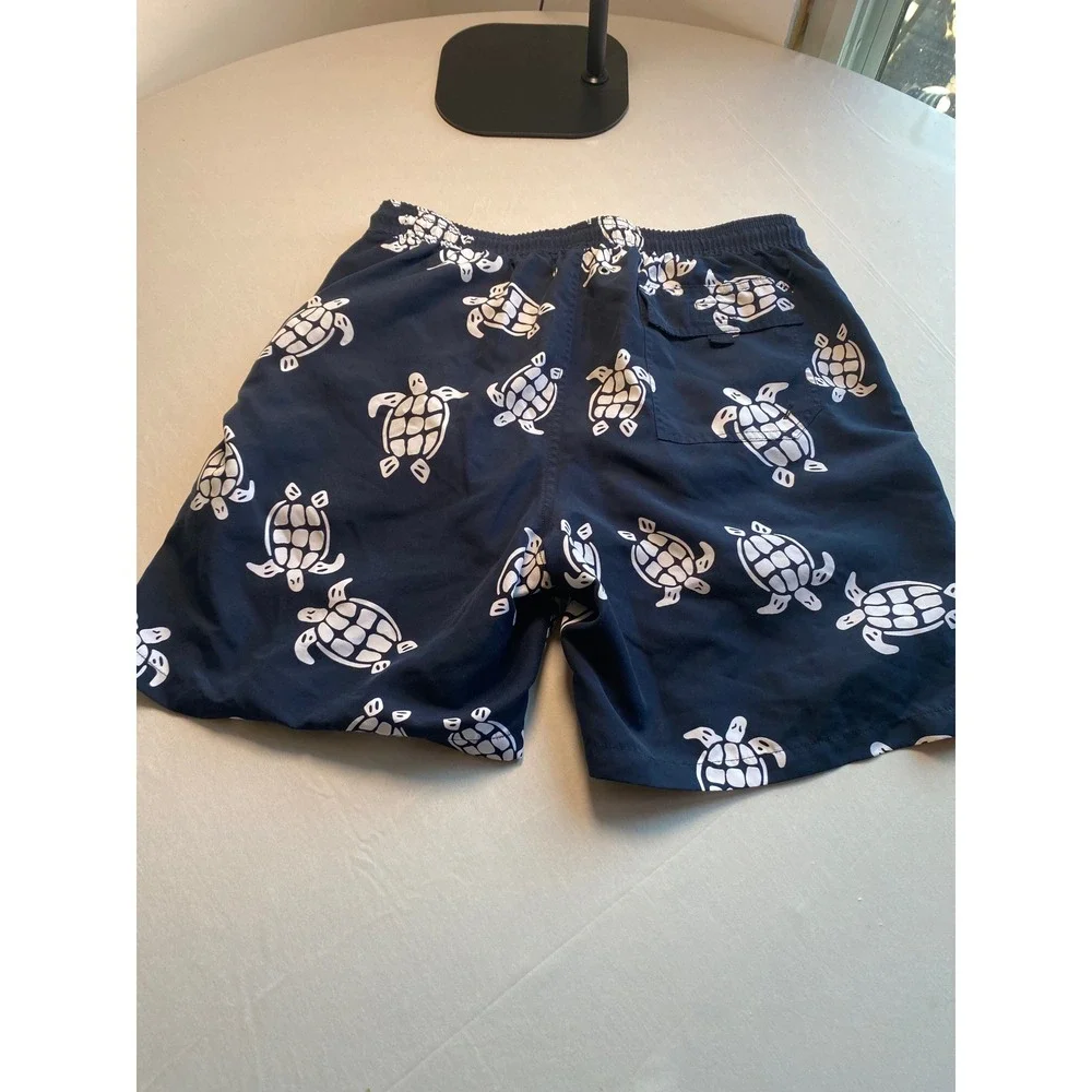 Navy Blue Sea Turtle Print Swim Trunks Mens Mesh Lined Board Shorts